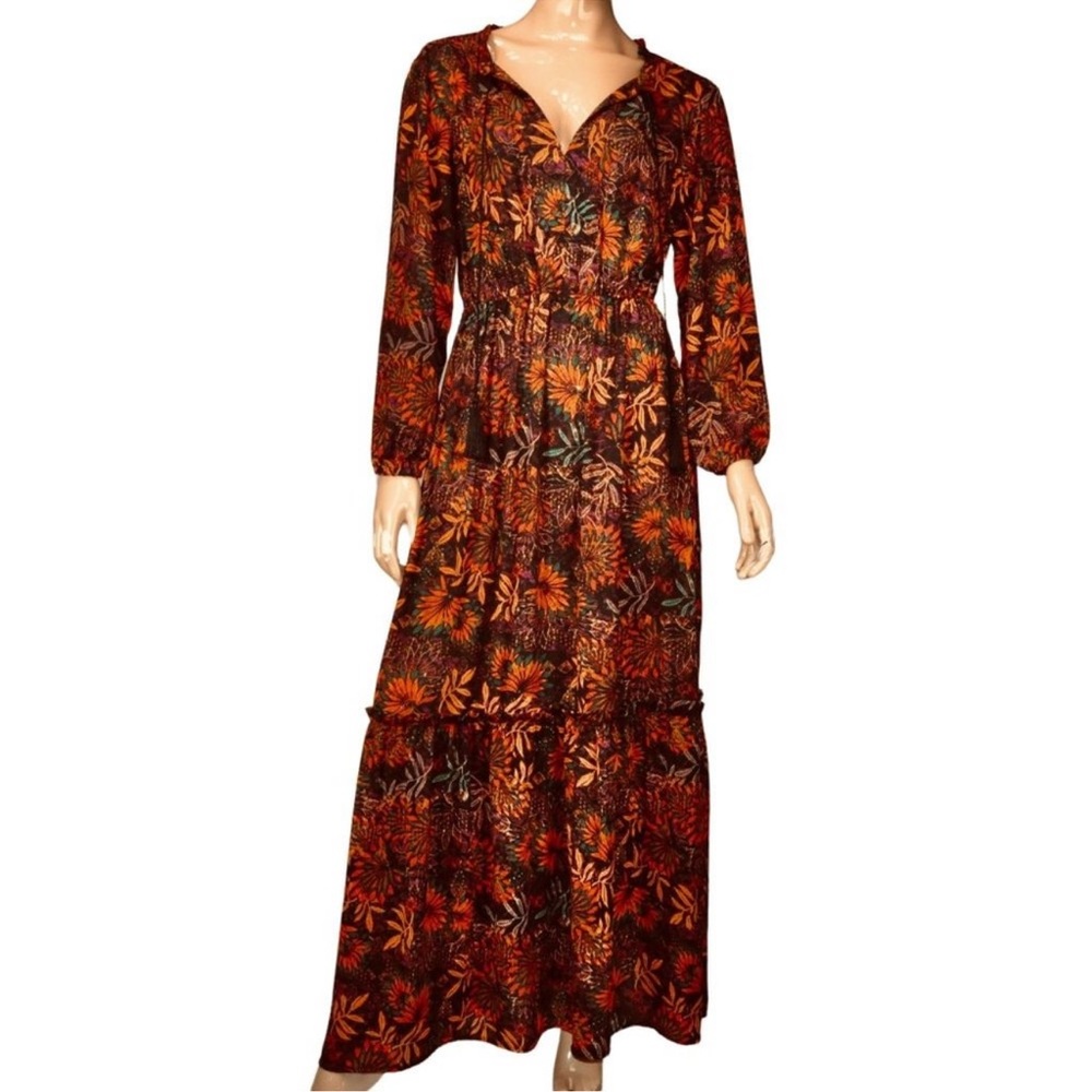H & M Women's Long Autumn Orange & Brown Floral Peasant Dress Size 6